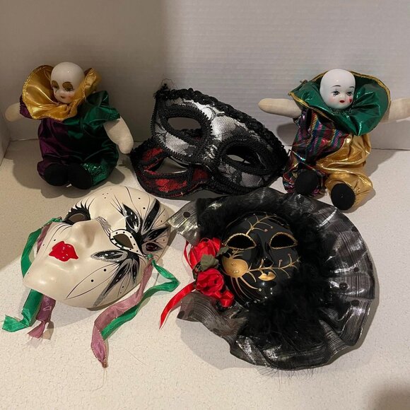 VTG Y2K Mardi Gras 6 PC Lot Masquerade Masks & Harlequin Pierrot Jester Dolls - Picture 14 of 14